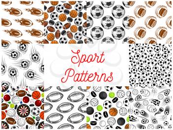 Sport objects seamless pattern. Vector pattern of ball for rugby, volleyball, soccer, football, tennis, bowling, hockey puck darts