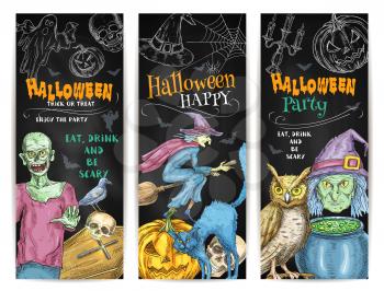 Halloween Party chalk pumpkin lantern, witch cauldron and broom, scary full moon, undead walking zombie, cemetery coffin. Vector color chalk sketch elements of Halloween Party on chalkboard for invita