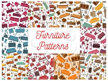 Furniture room interior elements seamless pattern. Vector pattern of retro and classic home accessories sofa, chair, armchair, lamp, wardrobe, picture, bookshelf, vase, locker, flower lamp