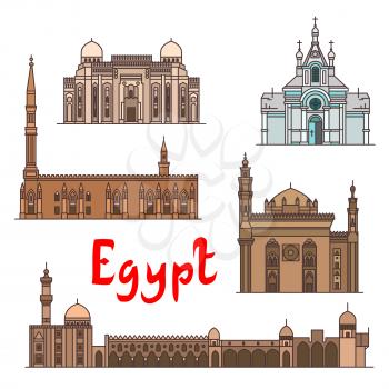Egypt historic landmarks and sightseeings, famous showplaces. Vector detailed icons of Saint Virgin Mary Church, Abu al-Abbas al-Mursi, Al-Hussein, Al-Azhar Mosque, Mosque-Madrassa of Sultan Hassan fo