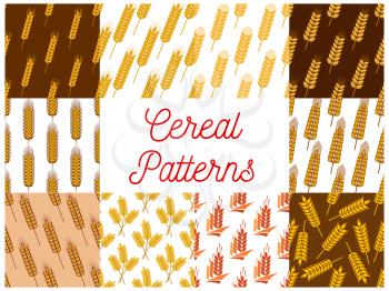 Cereal seamless patterns. Vector pattern of wheat, barley, rye ears, grain plants for bread product packaging, bakery decoration element