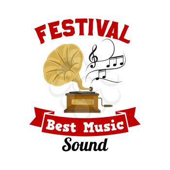 Gramophone. Best music sound festival emblem with vector icon of old vintage retro phonograph, musical notes and red ribbon