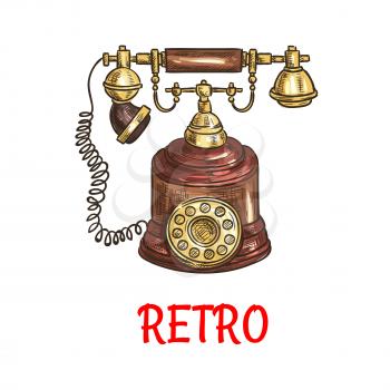 Sketch of vintage rotary dial telephone with polished wooden decorative elements. Communication technology and retro home appliance design