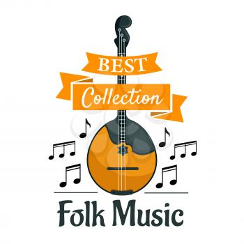 Folk music symbol with string musical instrument domra or mandolin, supplemented by notes and ribbon banner with text Best Collection