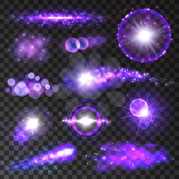 Purple lights. Neon bokeh light flashes and sparkles. Twinkling star, shining sun beams and sparks with lens flare effect on transparent background