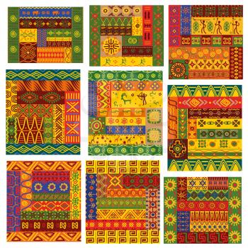 African patterns. Vector african ethnic ornaments with tribal and national pattern of stylized graphic elements of plants, flowers, human, anumals. Bright color geometric shapes for fabric, textile, t