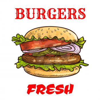 Burger fast food sketch icon. Vector fresh hamburger with sesame bun, fresh lettuce, tomatoes and onion slices, meat cutlet. Cheeseburger element for restaurant signboard, eatery menu, fast food label