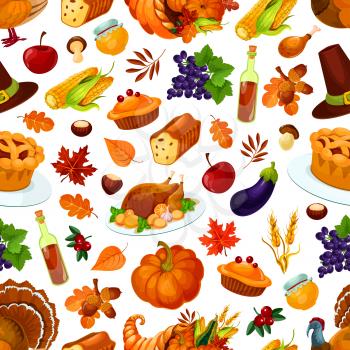 Thanksgiving day pattern of pumpkin, roasted turkey, autumn harvest, cornucopia food abundance, sweet traditional thanksgiving pie, autumn foliage of oak and maple leaves. Vector seamless pattern for 