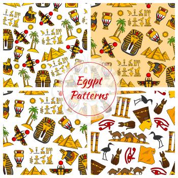 Egypt. Ancient Egyptian culture seamless patterns. Vector pattern of Egypt cultural objects Pyramids, Nefertiti bust, eye of Horus, Tutankhamun pharao mask, scarab, camels in desert, sacred cat and st