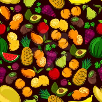 Fruits seamless pattern background. Vector pattern of fresh, tropical and exotic fruit watermelon, grape, pineapple, apricot, mango, avocado, pear, apple, plum, melon peach kiwi lemon orange banana