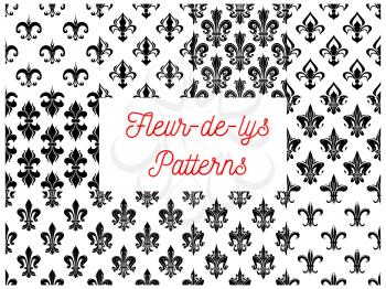 Fleur-de-lys royal french lily seamless patterns. Vector pattern of black heraldic fleur-de-lis symbols on white background