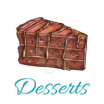 Desserts. Brownie cake icon. Patisserie shop emblem. Vector sweet cupcake with chocolate topping. Template for cafe menu card, cafeteria signboard, bakery label