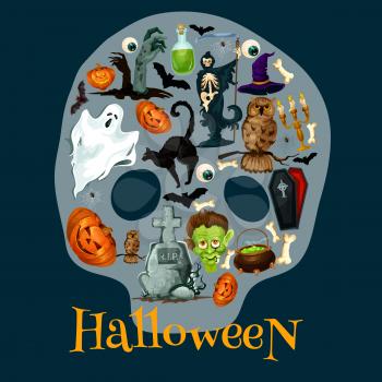 Halloween holiday flat icons in shape of skull. Vector emblem for halloween celebration greeting card with elements of scary pumpkin lantern, spooky ghost, grave tomb, black cat, bat, coffin, witch ha