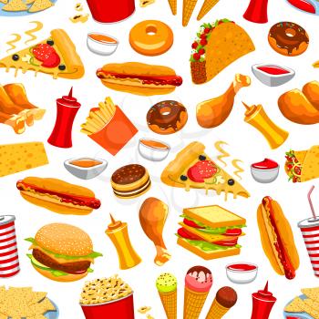Fast food seamless pattern. Vector pattern of snacks and drinks cheeseburger, chicken leg, fries, hot dog, tacos, sandwich, coffee, donut, mayonnaise, ketchup, mustard, soda, drink, ice cream, popcorn