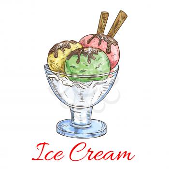 Ice cream emblem. Vanilla, pistchio, strawberry teasty ice cream scoops in glass with chocolate. Cafe, cafeteria dessert vector sketch icon