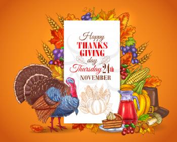 Happy Thanksgiving Day greeting card, banner. Traditional november holiday celebration design with thanksgiving turkey bird, seasonal harvest vegetables, sweet pie. Thanksgiving invitation placard