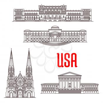 United States Supreme Court, Library of Congress, Brooklyn Museum, St Patrick Cathedral. Famous architecture landmarks of USA. Vector icons of buildings for souvenirs, travel map guide elements