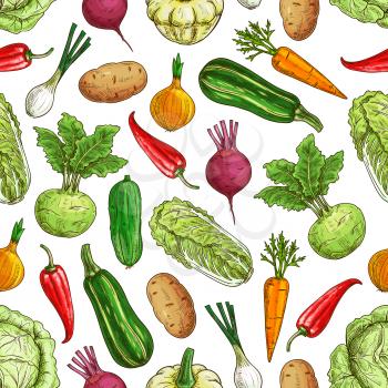 Vegetarian seamless pattern with vegetables. Farm fresh vector napa cabbage, zucchini, pepper, carrot, kohlrabi, potato, onion, beet, radish, cucumber. Kitchen decoration pattern