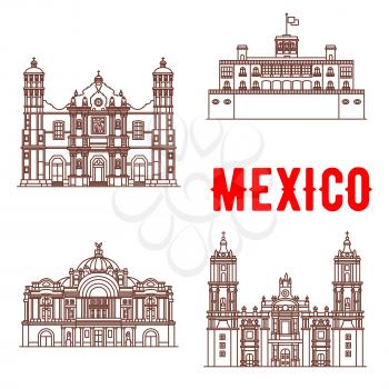 Mexican architecture vector icons. Our Lady of Guadalupe Basilica, Chapultepec Castle, Mexico Palace of Fine Arts, Metropolitan Cathedral. Vector thin line symbols of famous buildings for souvenirs, t