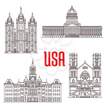 Famous buildings symbols and icons of US. Salt Lake Temple, Utah State Capitol, Salt Lake City and County Building, Cathedral of the Madeleine. American architecture landmarks for souvenirs, travel ma