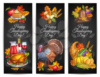 Thanksgiving Day greeting banners, posters with traditional plenty of food, roasted turkey, harvest vegetables, cornucopia, pumpkins, fruits and vegetables. Invitation card with chalk design elements 