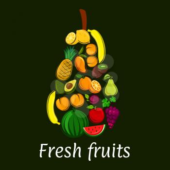 Pear icon with tropical and exotic fruits. Vector decoration element of fruit symbols banana, watermelon, avocado, grape, apricot, apple, mango, lemon, orange. Healthy lifestyle concept emblem