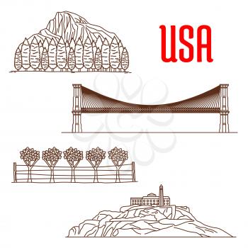 American nature landmarks and sightseeing symbols of Yosemite National Park, Napa Valley Viticultural Area, Brooklyn Bridge, Alcatraz Island. US architecture and and national showplaces icons for souv