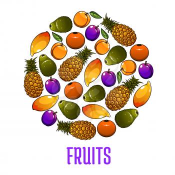 Fresh fruits icons in circle shape. Vector decoration element with tropical and exotic fruit symbols pineapple, mango, orange, pear, plum, apricot. Healthy lifestyle emblem design element