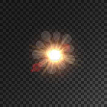 Light of sun with lens flare effect on transparent background. Star shining in sky with gleaming beams