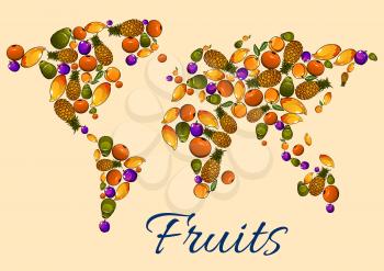 Fruits icons in world map. Vector map with continents shaped by garden, farm exotic and tropical fruit elements. Vegetarian and healthy life decoration design