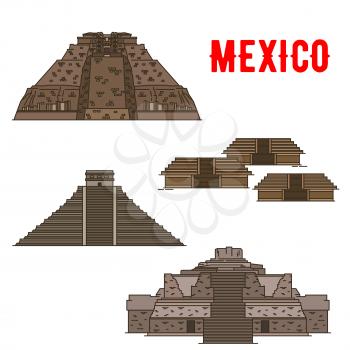 Mexican cultural ancient landmarks icons. Famous archeological Maya and Incas travel objects and sightseings. Vector elements of Uxmal, Teotihuacan, Chichen Itza, Ek Balam