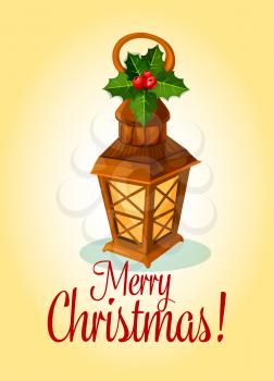 Christmas and New Year greeting card with wooden lantern, adorned by holly leaf with red berry. Winter holiday decoration, festive poster design