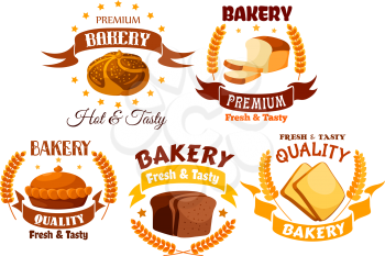 Bakery shop product labels set. Vector gold yellow emblem of white wheat and brown rye bread and pies elements. Fresh baked wheat bread slices, Tasty pies with fruit and meat filling