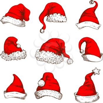 Santa Claus red hat icon set. Christmas red hat and cap of Santa and elf with white fur trim, pom-pom, jingle bell and star. Christmas and New Year design element