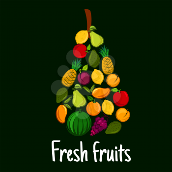 Fresh fruits label with flat fruit icons in shape of pear. Vector elements of juicy watermelon, apple, orange, grape, mango, pineapple, lemon. Product decoration design emblem on green background
