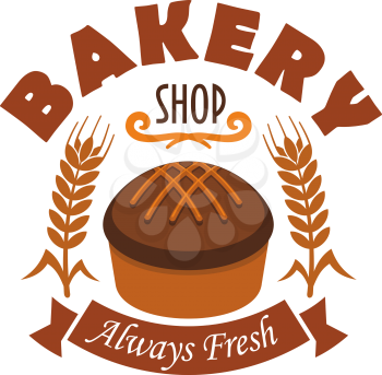 Bakery shop vector label with fresh baked rye bread loaf, wheat and rye ears, brown ribbon with text. Design template for bakery, pastry shop emblem