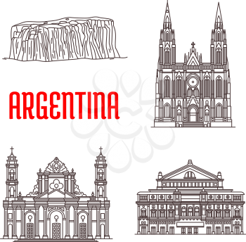 Argentina natural and architecture landmarks. Tourist sightseeing icons of Iguazu Falls, Cathedral of La Plata, Teatro Colon, Cathedral of Salta
