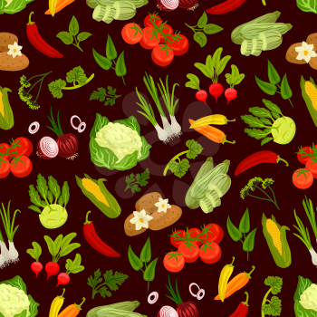 Vegetables decorative pattern. Vector seamless pattern of vegetarian products. Flat icons of fresh ripe garden cauliflower, potato, leek, tomatoes, pepper, radish, kohlrabi, corn, squash, onion, parsl