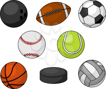 Sport balls. Isolated vector icons of sport balls and team gaming items of bowling, soccer, rugby, football, baseball, basketball, tennis, hockey puck, volleyball