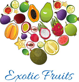Exotic fruits icons in shape of heart. Vector emblem of tropical fruits pattern papaya, mango, carambola, feijoa, passion fruit maracuja, dragon fruit, lychee, durian, guava, fig, mangosteen combined 