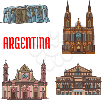 Tourist attraction landmarks and sightseeings of Argentina. Vector detailed icons of architecture facades of Cathedral of La Plata, Teatro Colon, Cathedral of Salta, Iguazu Falls