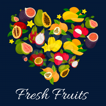 I love fresh fruits emblem in heart shape with flat icons of exotic tropical fruits. Whole and half cut figs, mango, papaya, lychee, dragon fruit, carambola, guava, passion fruit