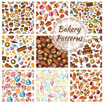 Bakery bread, pastry, patisserie sweets patterns. Vector seamless pattern of bread and desserts. Wheat bread loaf, rye bagel, cake, cupcake, muffin, buns, croissants. Bakery shop decoration background