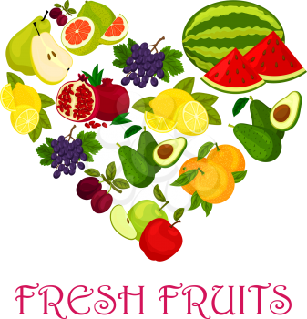Fresh fruits heart. Vector symbol of watermelon, orange and avocado, pomegranate, plum, grape and lemon, pomelo. Fruit love badge of ripe fruits