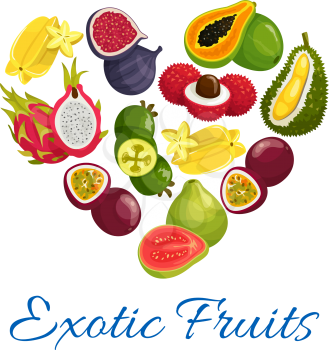 Exotic fruits heart symbol. Vector papaya, mango, carambola and feijoa, passion fruit maracuya, dragon fruit and lychee, durian and guava, fig, mangosteen fruit icons