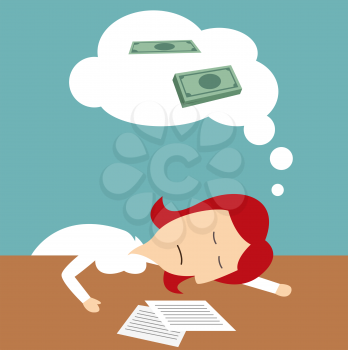 Office manager sleeping on table and dreaming of money. Business metaphor with woman tired of office, overwork to earn much money in dreams. Lazy student learning to get money