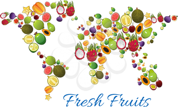 Fresh fruits icons in shape of fruit world map. Vector fresh farm and tropical exotic fruits mango, papaya, carambola, dragon fruit, pomelo, orange, passion fruit maracuya, grape, fig, dragon fruit, a