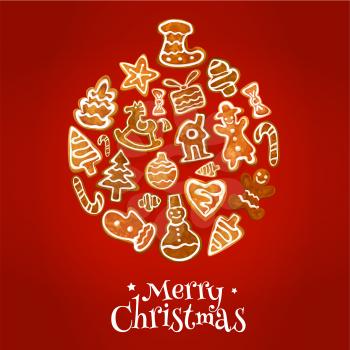 Christmas ball symbol made up of gingerbread man, house, bauble, gift box, snowman, xmas tree, stocking sock, candy cane, star, bow and rocking horse. Xmas and New Year holidays poster design