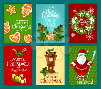 Christmas holiday greeting card set with gift box, Santa Claus, holly berry and pine tree wreath, snowflake, gingerbread cookie, candy cane, clock. New Year and Christmas poster design