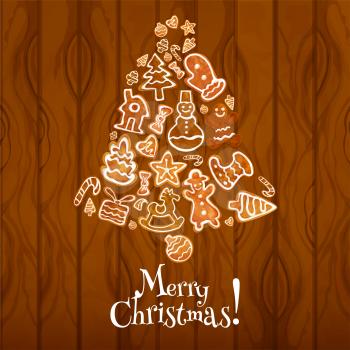 Christmas bell composed of gingerbread on wooden background. Ginger cookie xmas tree, gift box, gingerbread man and house, sock, star, bauble, snowman, candy cane, heart, glove for Xmas card design